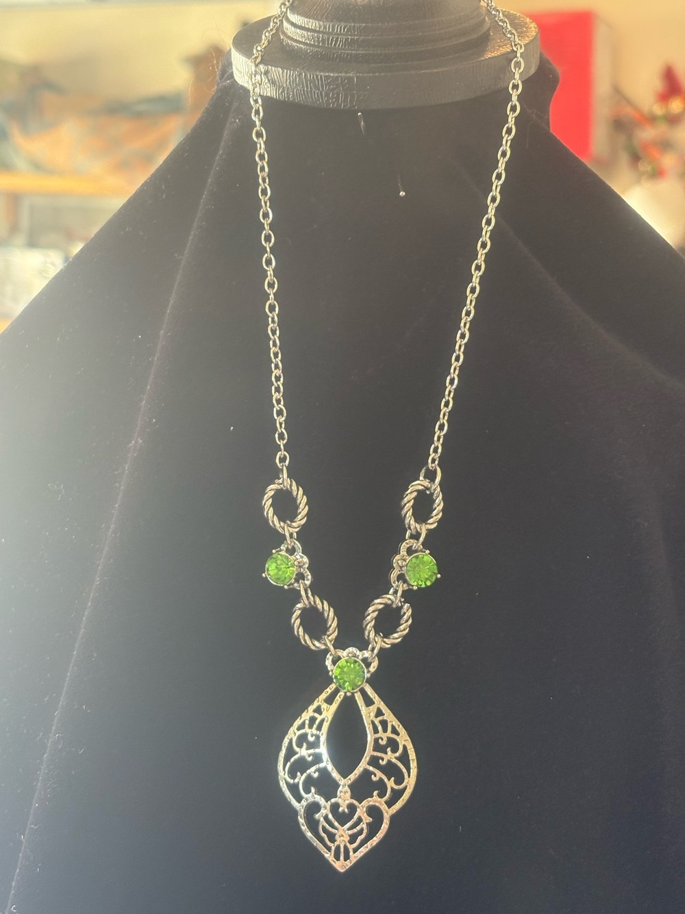 Silver tone Filigree Pendant Necklace with lime Green Stones